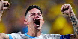 Colombia's James Rodriguez celebrates after their victory over Uruguay in a Copa America semifinal soccer match in Charlotte, N.C., Wednesday, July 10, 2024. (AP Photo/Jacob Kupferman)